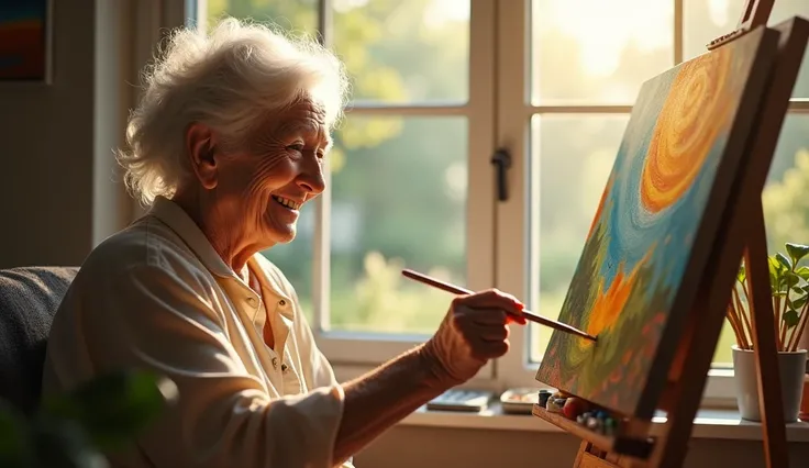 A smiling older woman painting at an easel by the window, natural light illuminating her colorful artwork and relaxed expression.