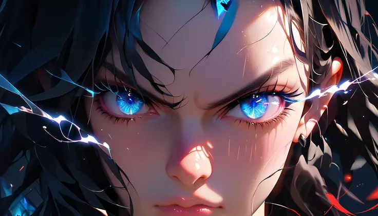 1girl, long black hair, blue crystal eyes, ultra close up shot on eyes, angry face, glowing eye trail, black devil horn, semi-realistic, ultra detail, sharp image, dark background, eye focus close-up