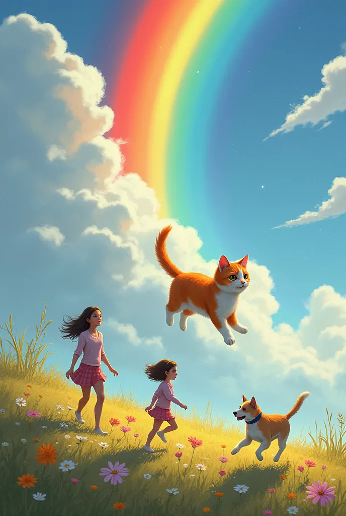  Rainbow , cat flying in the air, a girl walking and a running dog and her owner 