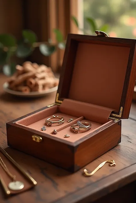 Stylish personalized jewelry box, elegant wooden design with engraved initials, luxurious velvet interior, soft-focus jewelry in the background, warm lighting, Mother’s Day gift idea