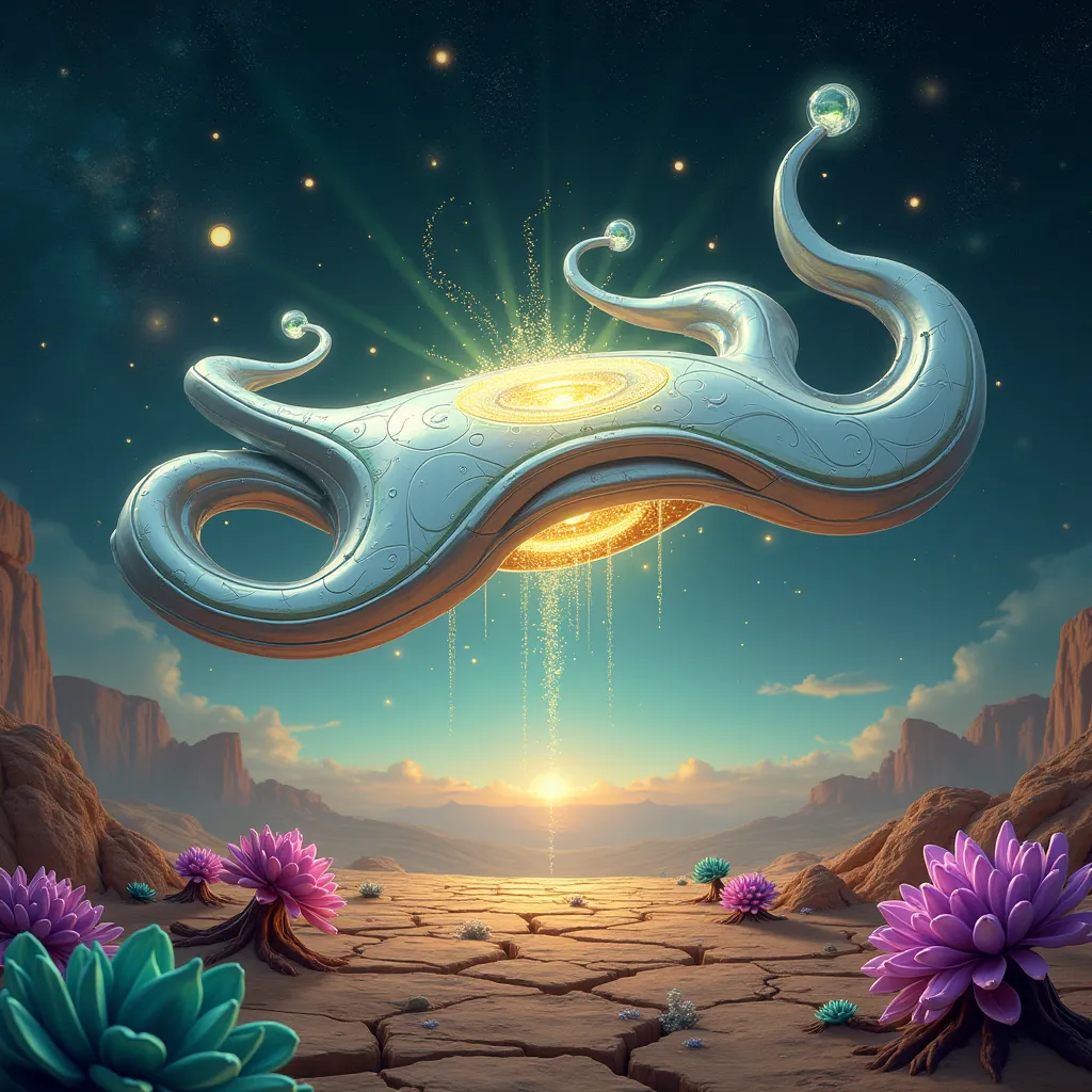 Create a stunning digital artwork of benevolent alien technology glowing with hope. A sleek, organic device hovers mid-air—its form a fusion of smooth, pearlescent white curves and translucent panels of shimmering teal, pulsing with intricate, golden circu...