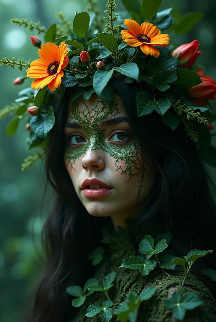  female face,leaves and flowers sticking out of the face,selva, metamorphoses, Framed, look sexy,blurry background,Light and against light,night, Dark face 