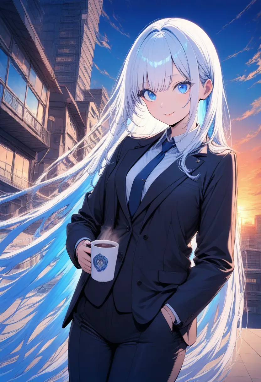 (masterpiece), (best quality), ultra detailed, finely detailed color, cenematic painting, ((holding coffee)), urban, sunset, twilight, dusk, evening, vesper, sky, rooftop, bishoujo, ((one lady)), 20-year-old lady, cute face, white hair, absurdly long hair,...