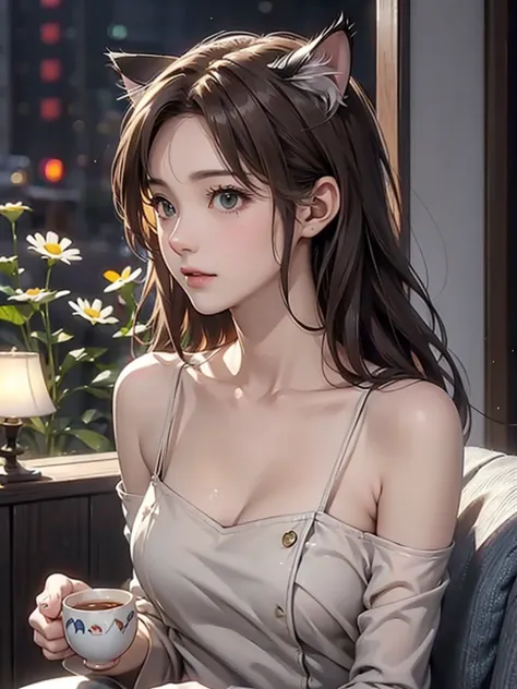 High Resolution, 8k, highest quality,  details,  semi-realistic anime, 3D anime style, smooth anime CG, ２６age,  slim, Modeling,  glossy brown hair,  detailsな顔, Beautiful and  details, growing skin, hard focus、film grain, soft writing, watches the audience,...