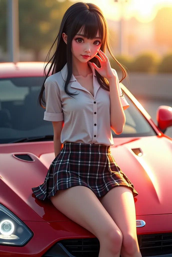  sexy pose ? Sexy Asian schoolgirl with bright lighting sitting on car hood 