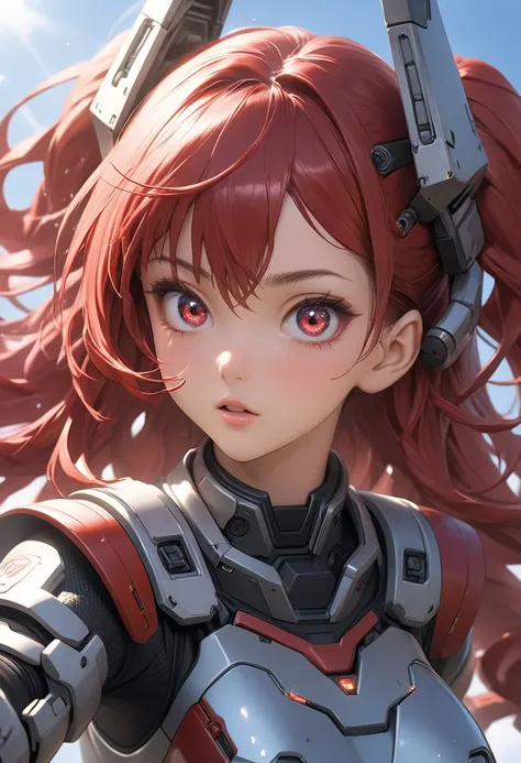 Anime Girls with red hair and a red skirt holding a robot hand,  anime manga robot !! Anime Girls, mechanized soldier girl, Ultra High Definition、masterpiece、correct、Anatomically correct、textured skin、very detailed、high detail、highest quality、High Resoluti...