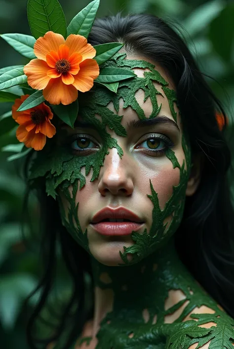  female face,leaves and flowers sticking out of the face,selva, metamorphoses, Framed, look sexy,blurry background,Light and against light,night, Macabre Face 