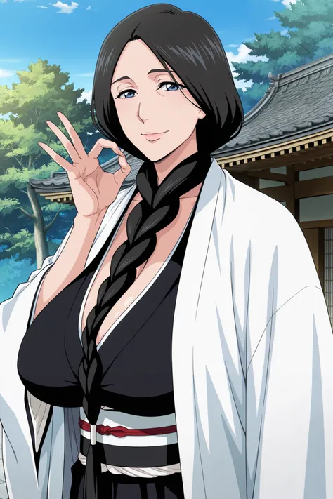 masterpiece,best quality, amazing quality, very aesthetic,anime screencap ,1girl, solo, run0hana, black hair, single braid, dark blue eyes, huge breasts, white haori, wide sleeves, black kimono, obi, black hakama,cleavage, looking at viewer,mature female, ...
