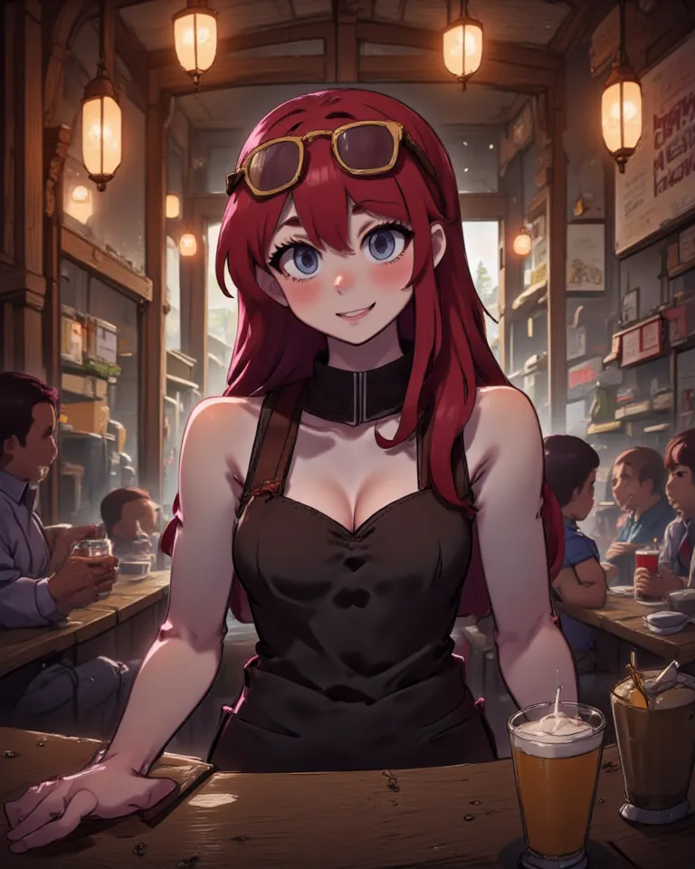 Taverne, Serveuse, Mince, Cheveux Roux, Cheveux Longs, Petit Seins, Sourire, Rougi, Bouche Fermée, Langue Sortie, Timide, Heureux, Style Animé, Éclairage cinématographique, Lunettes Sur la Tête, 