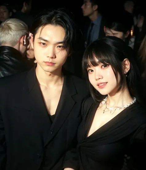 araffes and a woman in a black dress and a man in a black suit, hsiao-ron, jordan grimmer and natasha tan, kda and sam yang, sakimichan and frank franzzeta, she has black hair with bangs, sui ishida with black hair, nixeu and sakimichan, by Tadashi Nakayam...