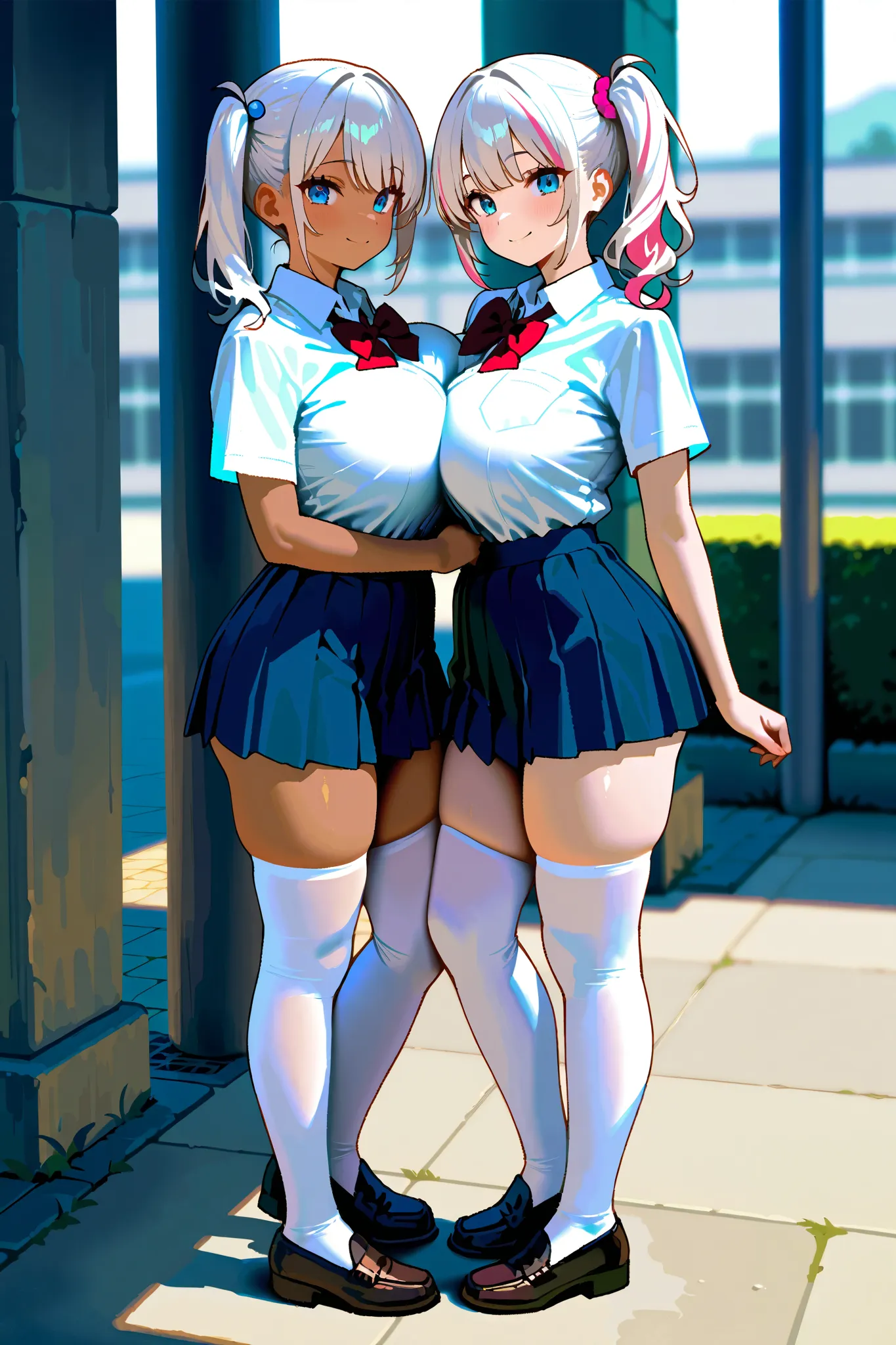 2 people with silver hair, pink streaked hair, blue eyes, sagitales, side ponytail, huge breasts, 
school uniform, shirt, skirt, white knee-high socks, loafers, 

 2 Japanese Women , Tanned women and fair-skinned women, Symmetrical hairstyle, 
 photo reali...