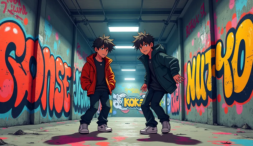 2 anime rapper, how to wear a sweatshirt, background Undegraund graffiti Gus on a mural,Do it in doodle mix,