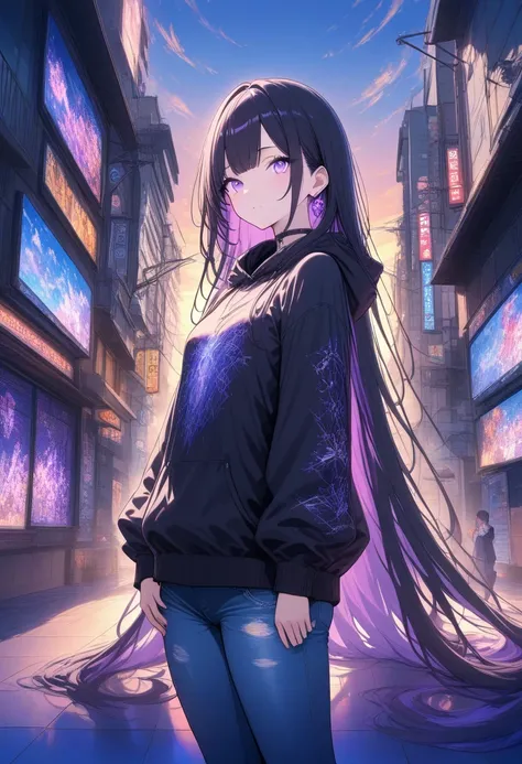 (masterpiece), (best quality), ultra detailed, finely detailed color, cenematic painting, bishoujo, model, ((one lady)), 20 years old, cute face, black hair, absurdly long hair, straight hair, (violet eyes:1.2), purple eyes, standing, chocker, ((black hood...