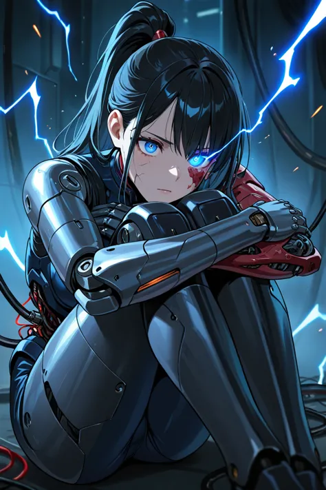 masterpiece, best quality, amazing quality, very aesthetic, high resolution, newest, 1girl, cyborg, android, black hair, high ponytail, (artificial eye, torn face, cracked face), ((cracked skin)), single mechanical arm, robot joints, cyberpunk, mechanical ...