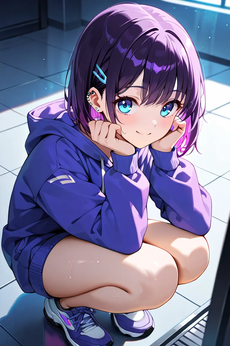 ((((  masterpiece)))), (((( top quality)))),  High Resolution,anatomically correct,1 girl crouching,  girl,purple hair,hoodie, trainer,electronic equipment,blue eyes,smile, standing,mechanical,anime,