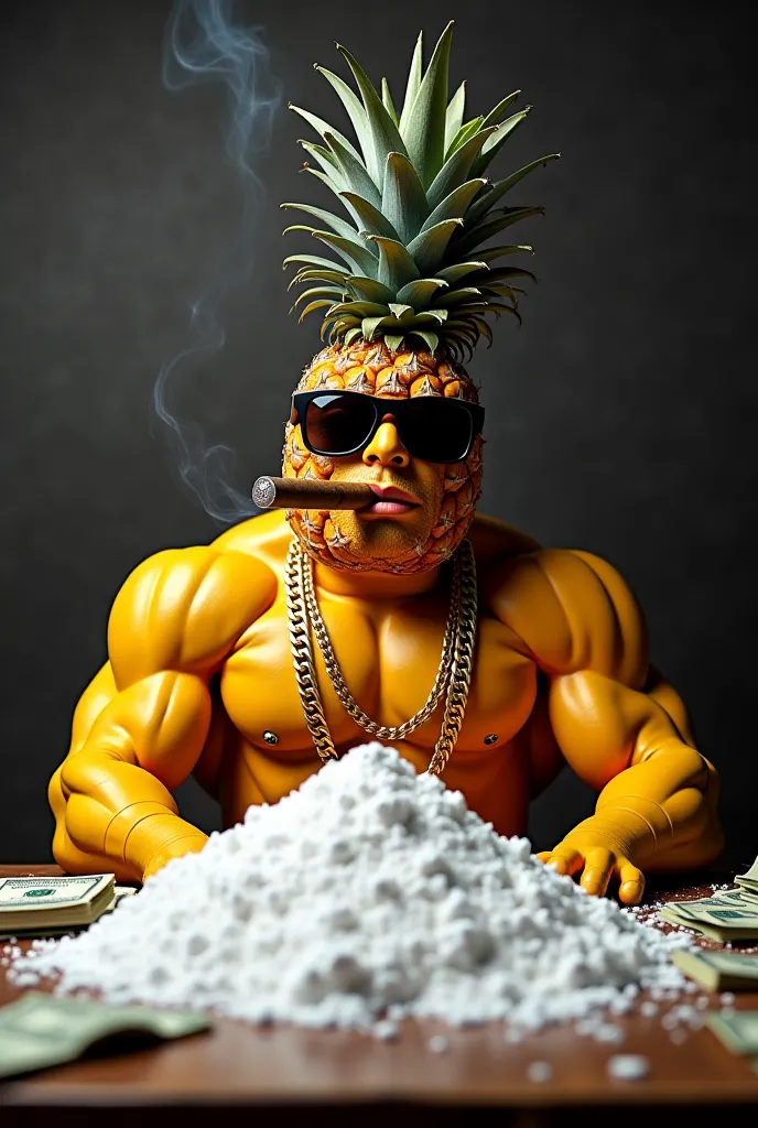 create the image of a pineapple sitting behind a table full of money and white powder. the pineapple is wearing sunglasses and a big gold chain . the pineapple has big muscles and is smoking a cigar. he needs to look like a mafia boss.