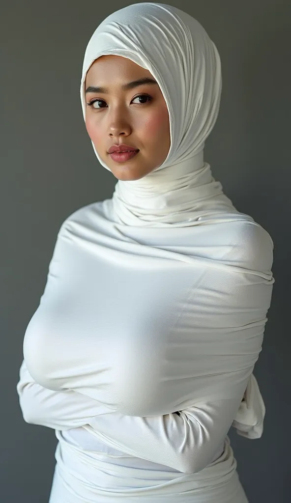 A beautiful Javanese woman with big boobs of curvaceous stature is wrapped in a white cloth all over her body and her hands are tied back tightly like a cocoon, cosplay to be a pocong, full body, only his face looks like his head is wrapped like candy