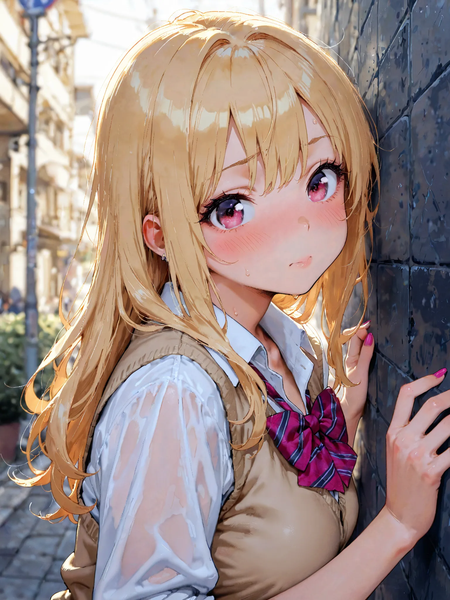 blush,gyaru, (masterpiece), (Best quality), absurdres,  (amazing quality),ultra-detailed, Perfect detail,  beautiful face, beautiful eyes, detailed background, against wall,pervert,molestation,public-exhibitionism,school_uniform, close-up,