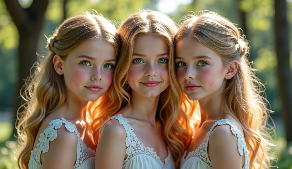 An image of beautiful triplets with white skin , blue eyes, blond hair  Let the background be in a park let  it be a realistic photo.
