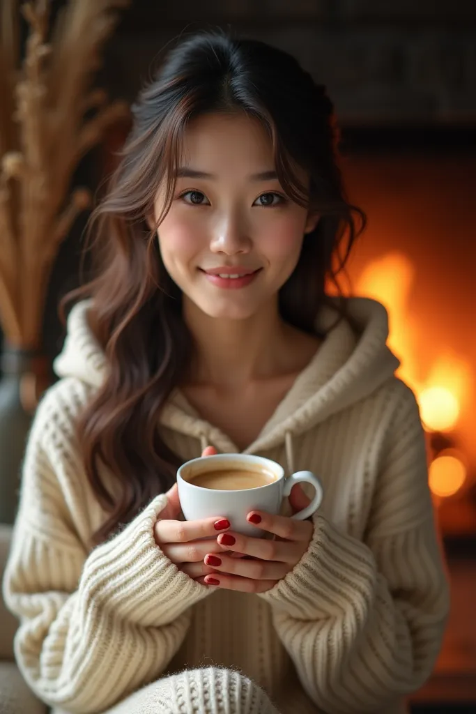 Realistic photo of a beautiful girl face asian korea cute gemoy dark yellow hair wearing hodie cream knit is sitting in front of the fireplace holding coffee looking smile looking very cheerful atmosphere bogeh lights aesthetic looking super HD quality 