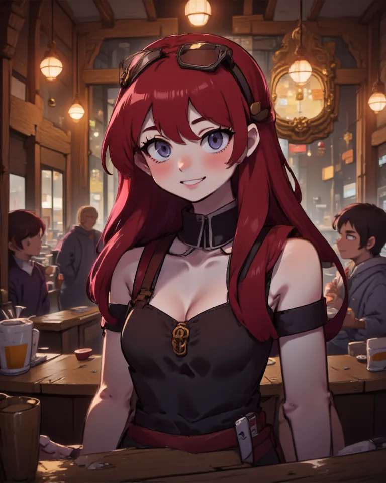 Taverne, Serveuse, Mince, Cheveux Roux, Cheveux Longs, Petit Seins, Sourire, Rougi, Bouche Fermée, Langue Sortie, Timide, Heureux, Style Animé, Éclairage cinématographique, Lunettes Sur la Tête, 