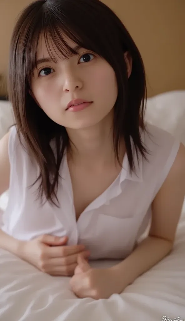 (((  low angle shot with cheeks all over face、Biologically Accurate Images 、     and stare at the camera  :1.22,    lean forward   ,  loose open shirt 、    no underwear))),   1 Japanese woman,      Hotel Room 、   indirect lighting、 nudes,Completely naked, ...