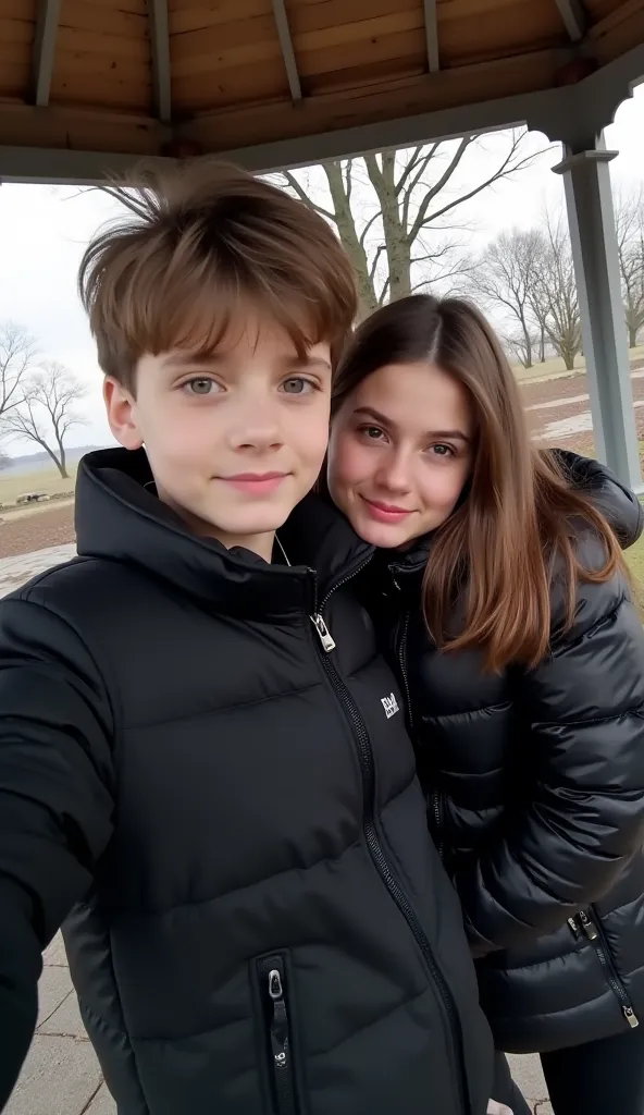 A  boy with a black Moncler coat on his body that doesn't shine, a girl arm in arm next to him, a selfie in a gazebo, to make it clear that he is Turkish, to make it realistic, as if he took the photo himself