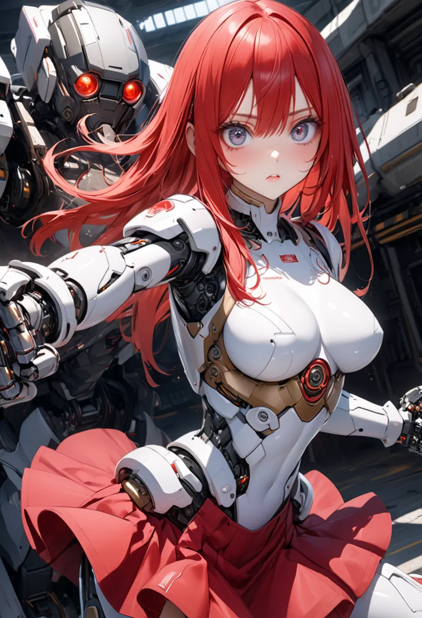 Anime Girls with red hair and a red skirt holding a robot hand,  anime manga robot !! Anime Girls, mechanized soldier girl, Ultra High Definition、masterpiece、correct、anatomically correct、textured skin、very detailed、high detail、highest quality、High Resoluti...