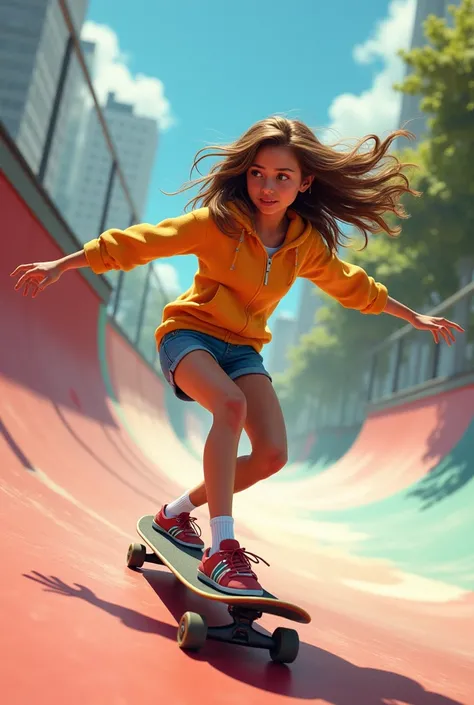 A  girl, with brown hair, wavy shoulder length, Skateboarding in a Skate Park