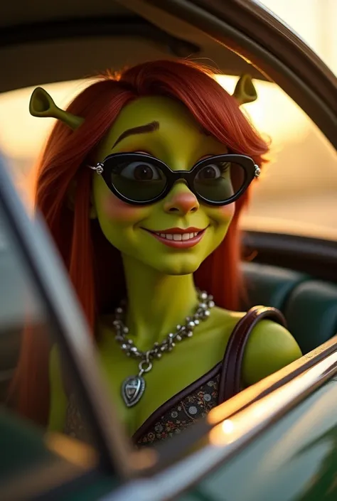 Une représentation originale de Disney et détaillée de Fiona du film Shrek, assise dans une voiture luxueuse, regardant avec confiance à travers la fenêtre. Fiona est avec une peau verte lisse, des traits expressifs et une allure charismatique. Elle porte ...