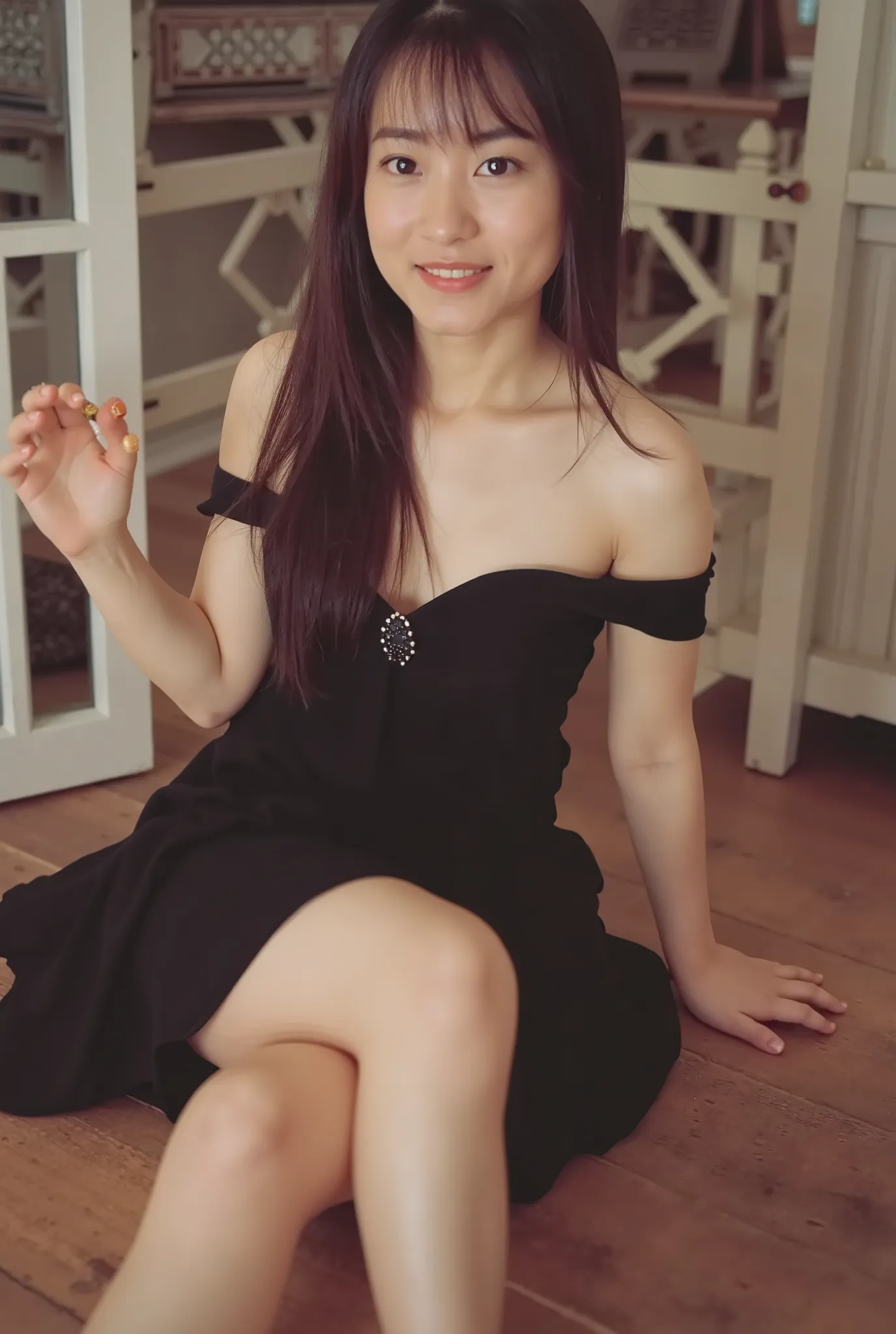 (((black choker)))、Japanese age Girl、Raise your arms、 white skin、bright lights、super image quality、4K、Picture of her face 、She smiles, ((black mini wedding dress)), miniskirt、 thighs、super image quality、High image quality in every detail、collarbone、(Ergono...