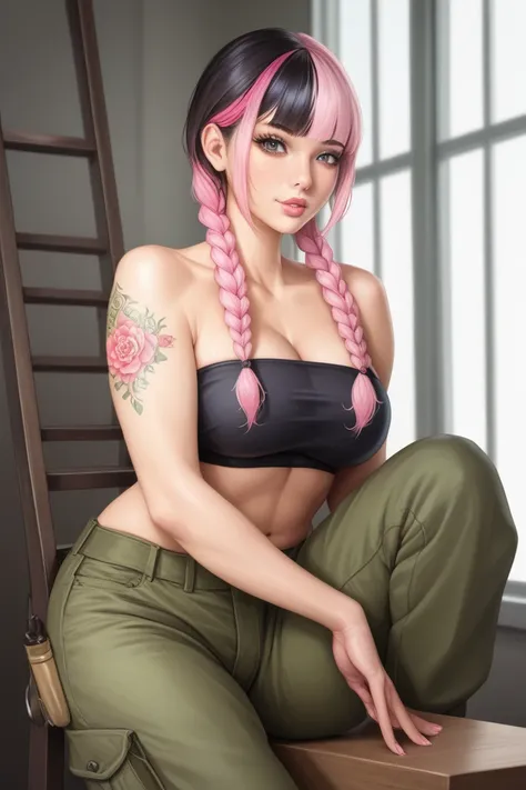 1 girl, black hair, pink highlights, 4 small braids, bangs, pale skinned, voluptuous, black tube top, green cargo pants, tattoos, sitting on ladder