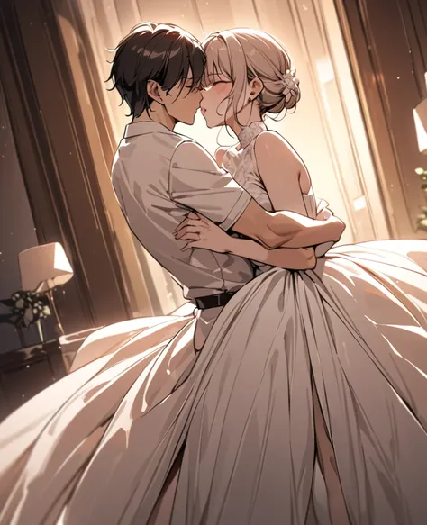 ((masterpiece, best quality)), romantic embrace, gentle kiss scene, lifting bride style, short-haired woman, elegant pose, tender expression, intimate lighting, soft atmosphere, delicate features, flowing fabric motion, detailed clothing folds, (high quali...