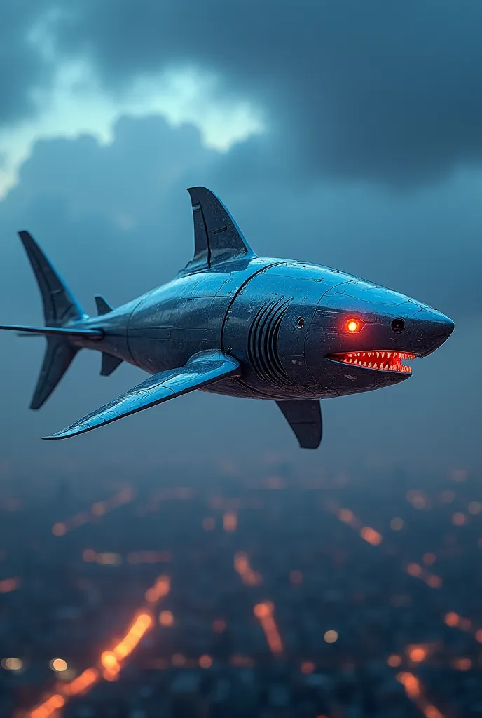 A futuristic hybrid between a shark and a drone. Its body is that of a metallic shark with an aerodynamic and technological design, covered in a silver alloy with blue neon details. Instead of fins , has floating propellers that allow it to fly at high spe...