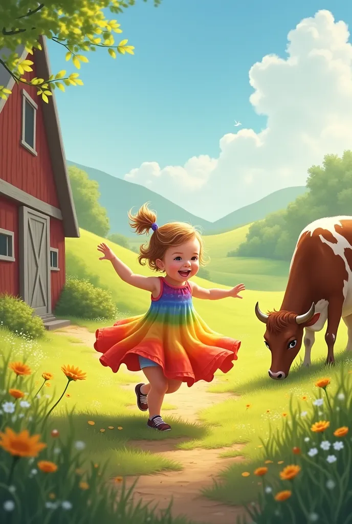 A baby in a colorful dress dancing in the middle of a farm with a cow playfully moving alongside it."