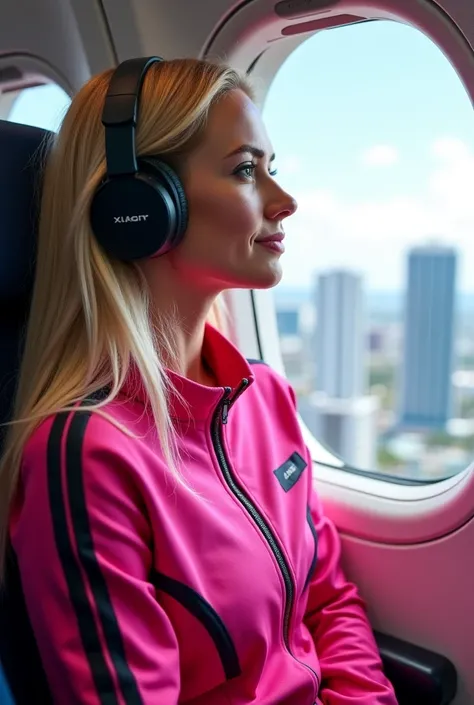 photograph of a 25-year-old woman with long blonde hair, sitting on a plane, wearing a stylish pink sports suit with black inserts. She is looking out the window, her face not visible, only part of her hairstyle is noticeable. She has headphones on, creati...