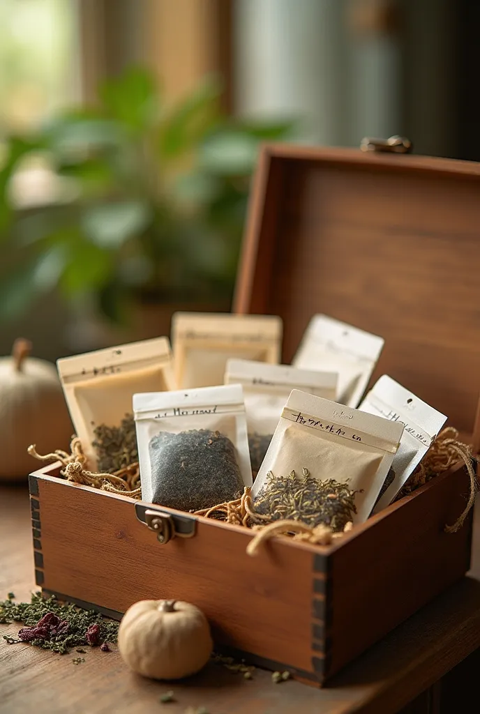 Herbal tea collection, neatly arranged in a wooden box, colorful tea bags with handwritten labels, warm rustic background, soft natural light, Mother’s Day gift idea