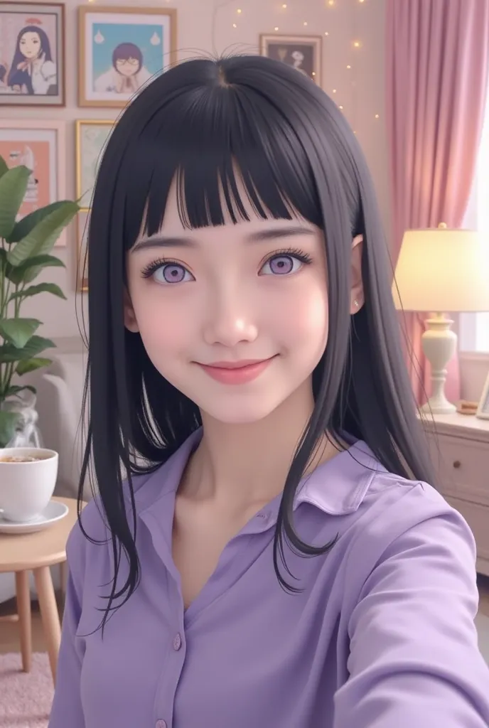 A vibrant digital illustration of a character resembling Hinata Hyuga from Naruto, styled for an Instagram story. The scene captures her in a cozy room filled with soft pastel colors, surrounded by decorative plants and warm fairy lights. She is smiling an...