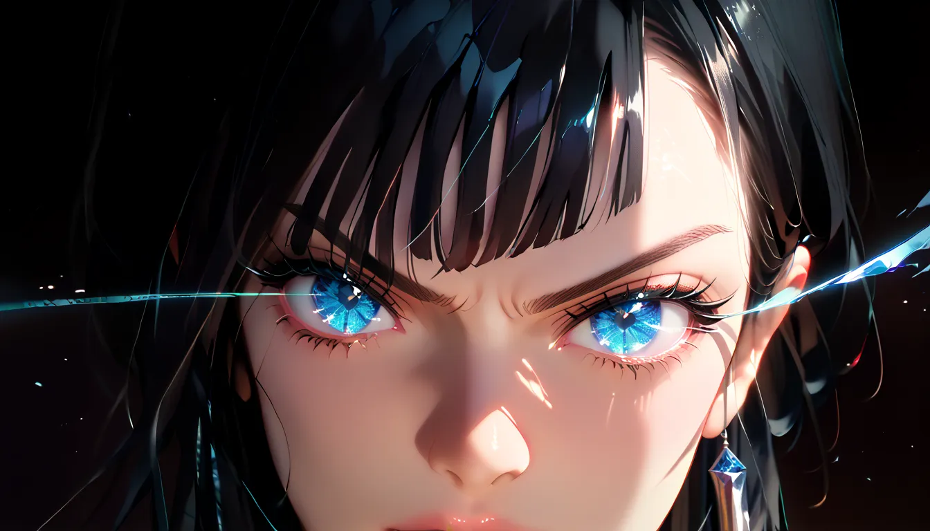 1girl, long bob black hair, blue crystal eyes, ultra close up shot on eyes, angry face, glowing eye trail, semi-realistic, ultra detail, sharp image, dark background, eye focus close-up