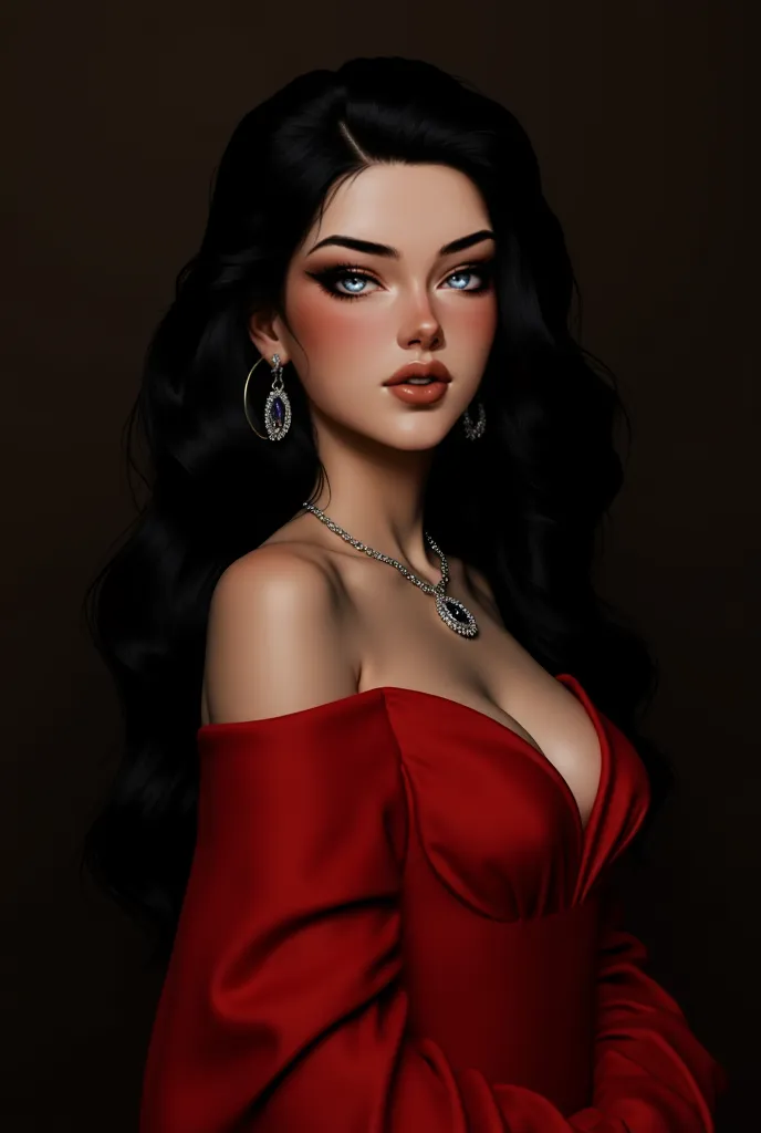 A girl with long black straight hair, the front bangs frames her chiseled face. Black sultry eyes, red plump lips. Red off shoulder gown with sleeves and with one silver locket, hoop earrings.