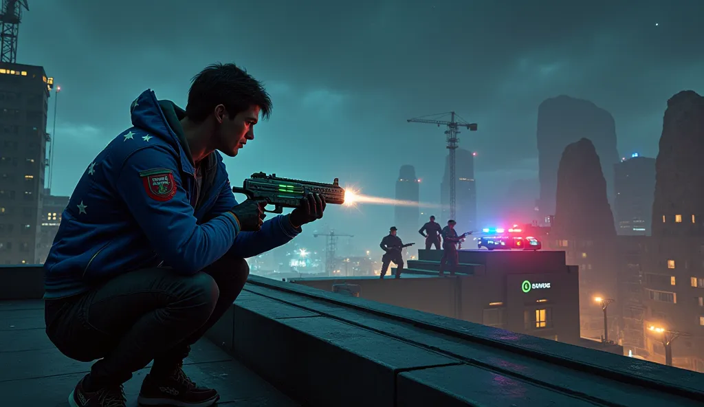 "A third-person shooter video game scene set on a rooftop at night. The player character, wearing a blue jacket with white stars and red accents, crouches behind cover, aiming a futuristic glowing green handgun. The cityscape in the background features tal...