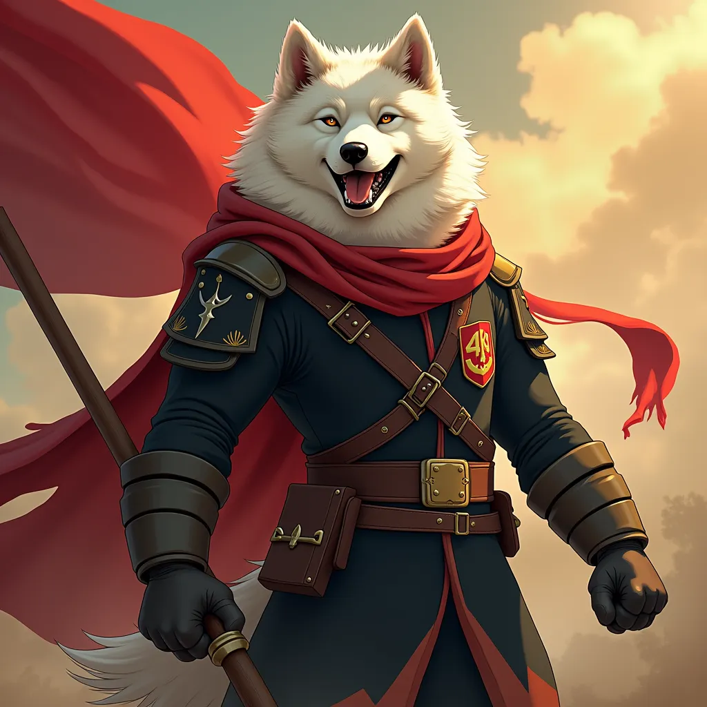 Create an epic avatar featuring an anthropomorphic Samoyed dog in a cartoonish or anime style. The Samoyed should be depicted as a brave fighter or soldier, embodying the spirit of a totem. The color scheme should follow the Belgian flag colors: black, yel...