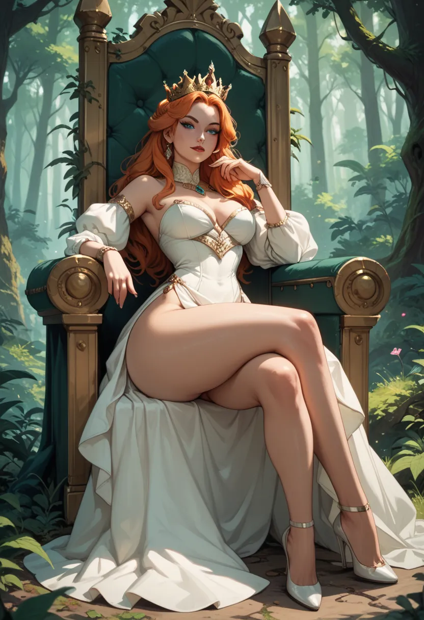 Beautiful elvish queen, big butt, small waist , sitting on a throne made out of forest elements, showing her back side while sitting on the throne, white dress slit on both sides showing her thick thighs, wearing a crown