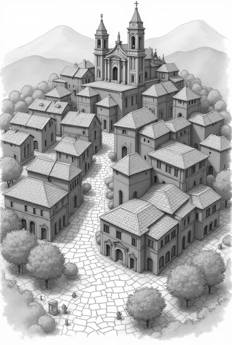 map, isometric,  Captions ,  hand drawing , pencil,  city, ouro preto, details, streets, churches 