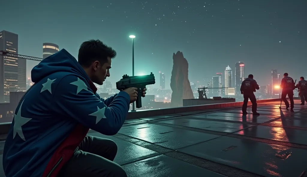 "A third-person shooter video game scene set on a rooftop at night. The player character, wearing a blue jacket with white stars and red accents, crouches behind cover, aiming a futuristic glowing green handgun. The cityscape in the background features tal...