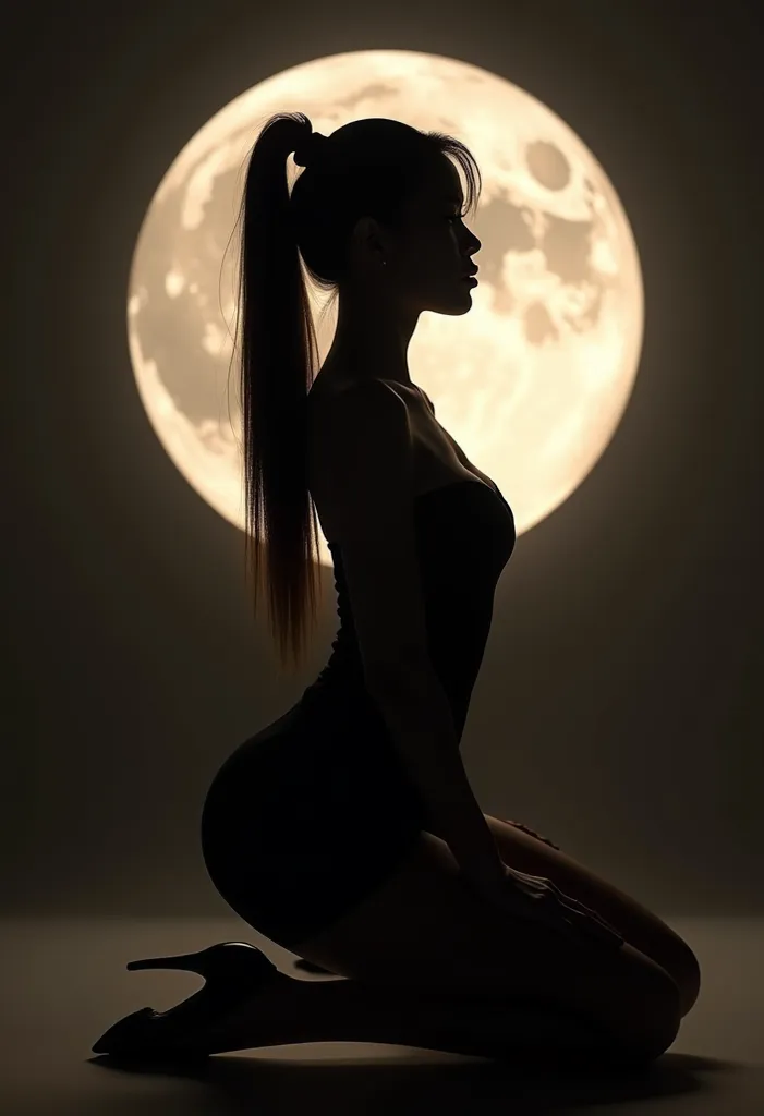 a sexy chinese woman's silhouette , ultra dark, dire,  moon, louboutins high heels, ponytail,ultra slick hair,sexy
Kneeling in a sexy all four pose,on all four, doggystyle pose, sexy short thight dress
On all four, on all four