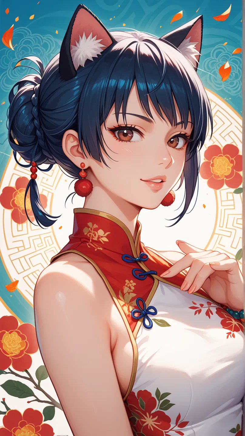 Kagura from Gintama dressed in a traditional chinese dress, posing playfully with a playful expression. the image also shows a vibrant, colorful background with abstract patterns and soft lighting. on the middle of the image, a 1woman, who appears to be in...