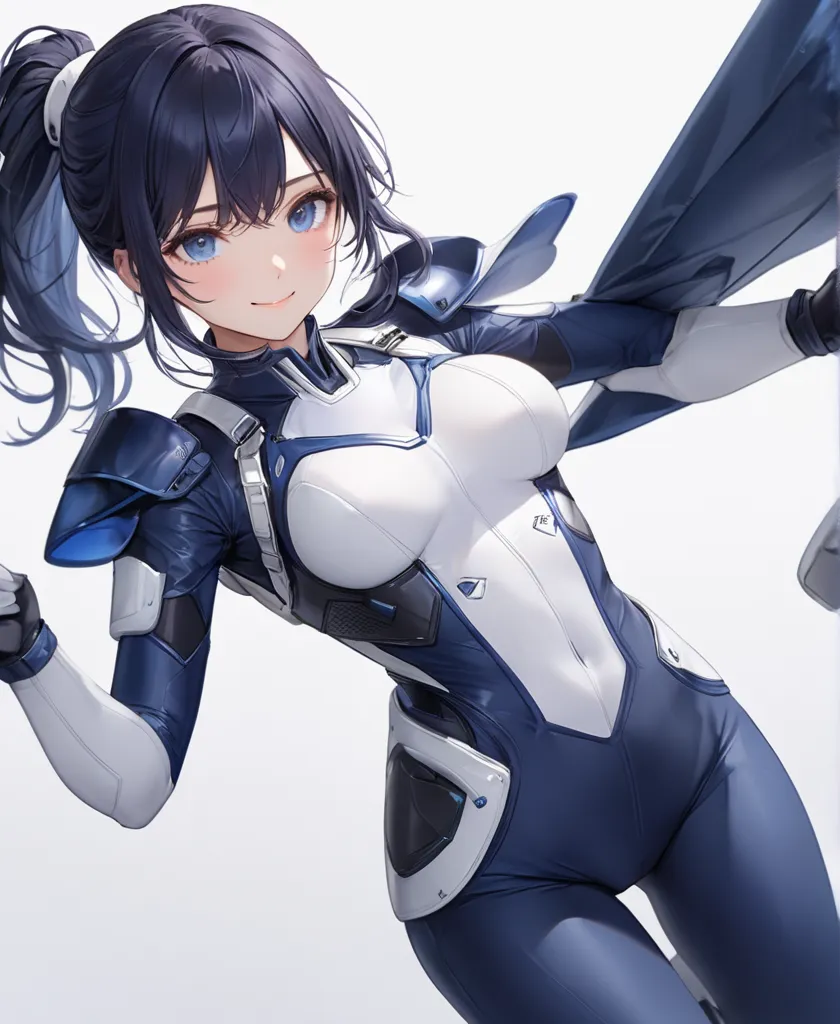 (​masterpiece、 top quality、 highest resolution 、 Clear Images 、  detailed image 、 The angle is from above ): ( One Japanese Woman 、 High Ponytail、  dark blue hair  、 Sparkling blue eyes 、(  white and navy blue pilot suit （Enamel Finish ）、white and dark blu...