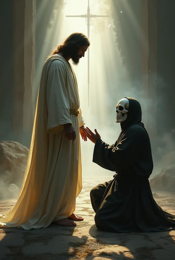 Do Jesus talking to Ghost from Call of Duty mw2 but the ghost is kneeling with a skull mask 