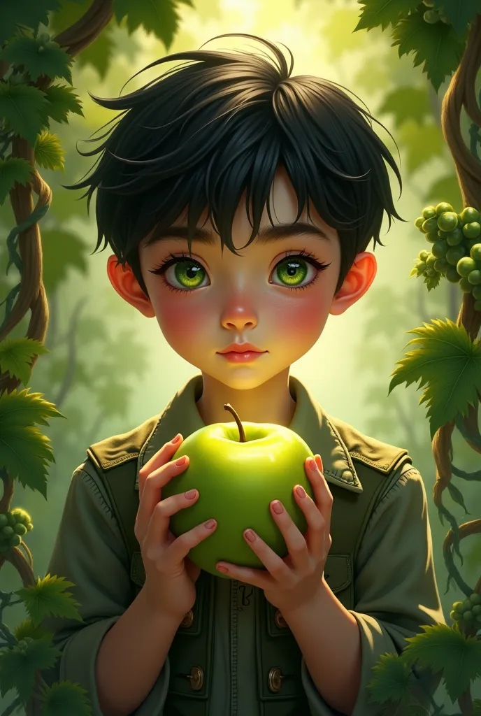 a handsome boy with white skin, black hair and green eyes, holding a green apple in both hands, surrounded by grape vines, magical light